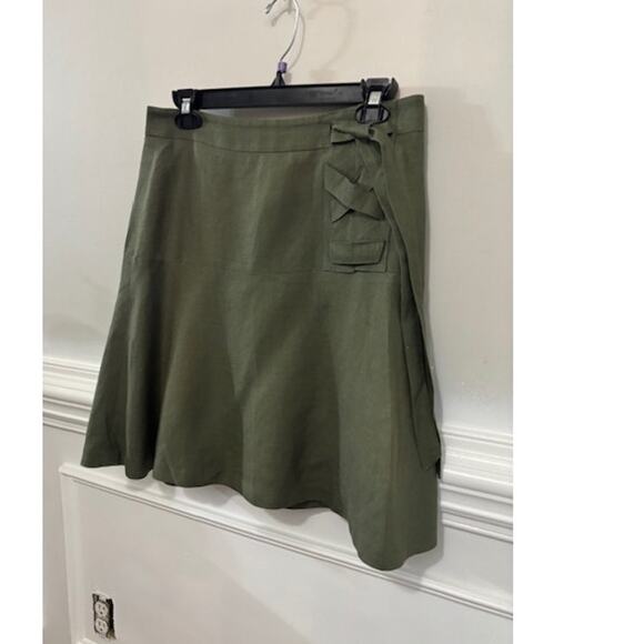 Ann Taylor Skirt A Line Womens Size 4 Linen Lined Olive Green Side Lace Up Sash - Picture 2 of 7